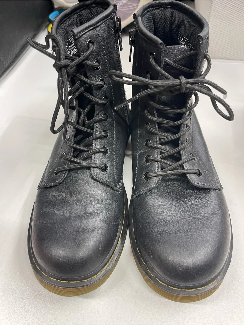 Dr. Martens Kids Black Leather Lace-Up zip up Boots with‎ Yellow Stitching